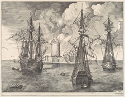 Four-Master (Left) and Two Three-Masters Anchored Near a Fortified Island with a Lighthouse