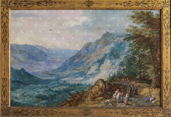 Mountainous Landscape with Travelers on a Hilly Road