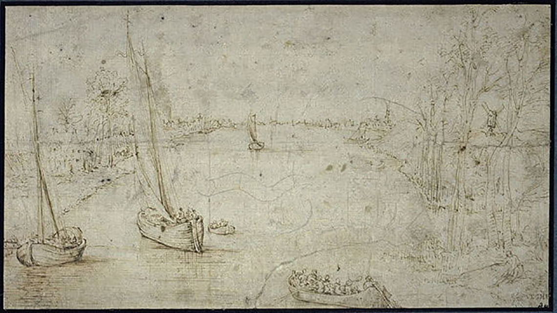 Boats on a Wide Tree-Lined River, Houses and Figures