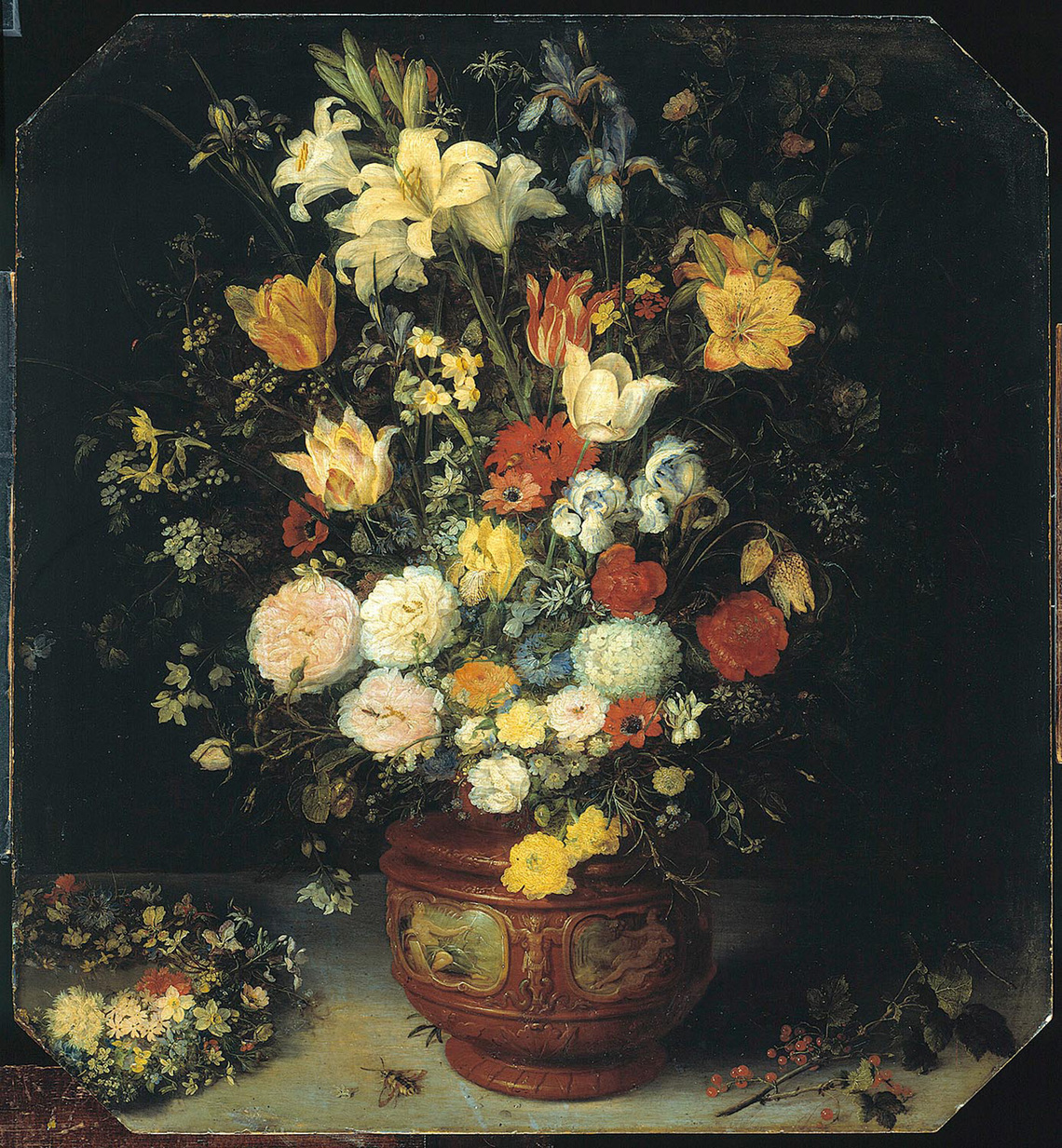 Bouquet in a Sculpted Vase Beside a Wreath of Flowers (Berlin)