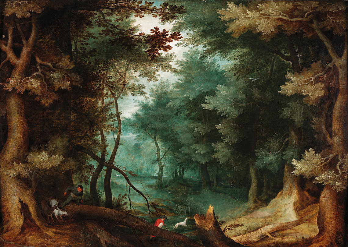 Bright Forest Landscape with Hunters