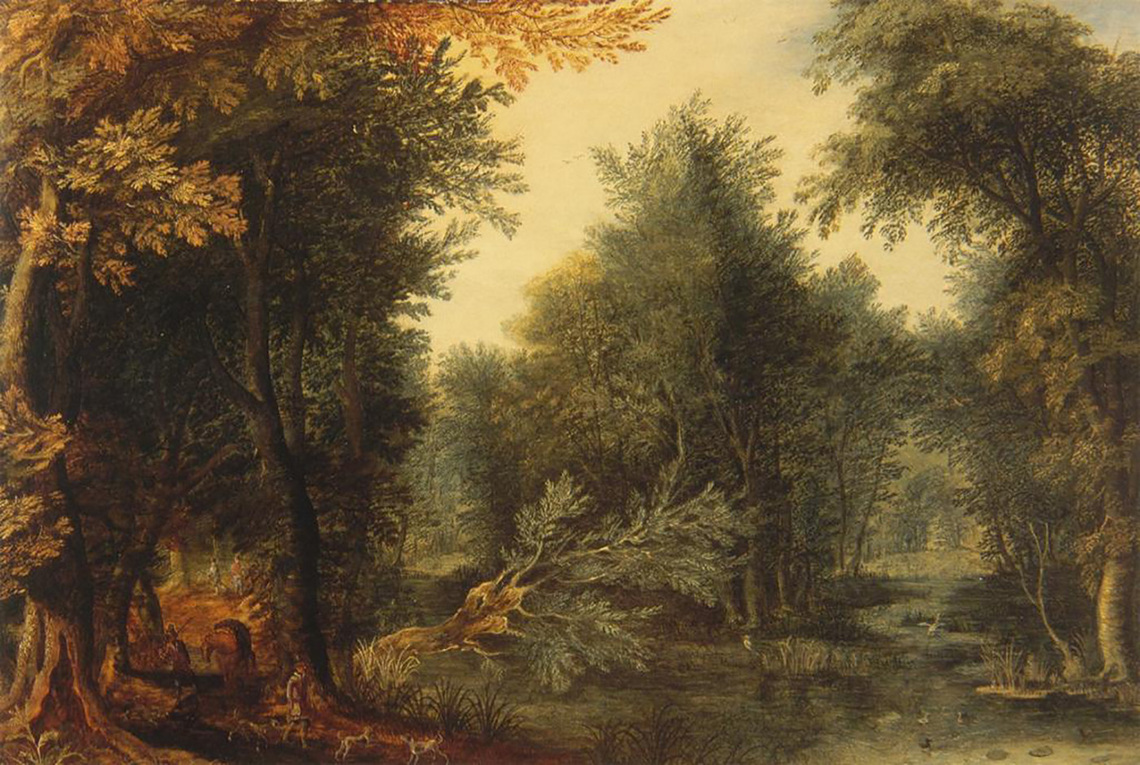 Forest Landscape with Hunters and Dogs