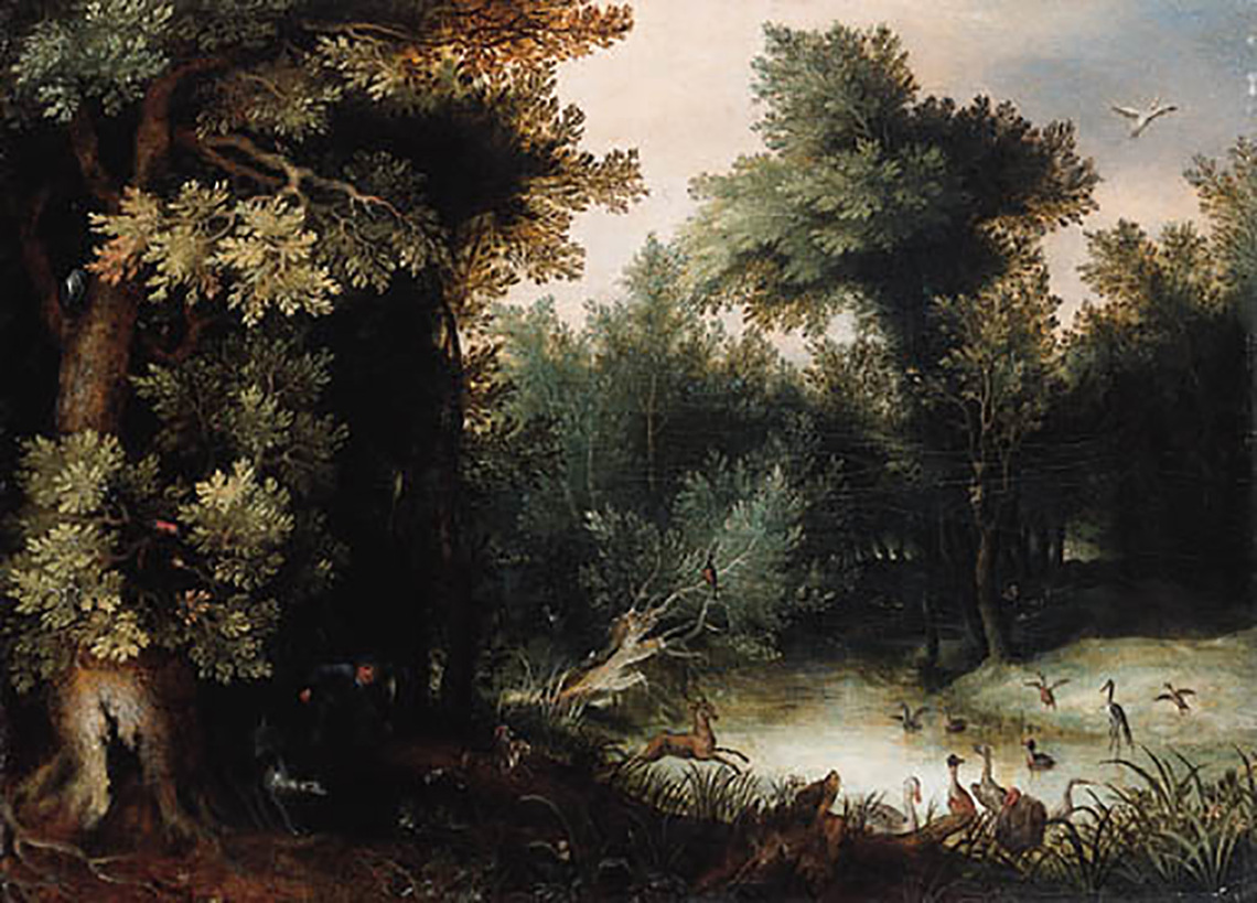 Forest Landscape with a Pond and Hunter