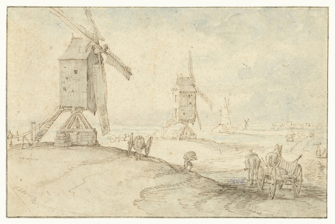 Four Windmills along a Road