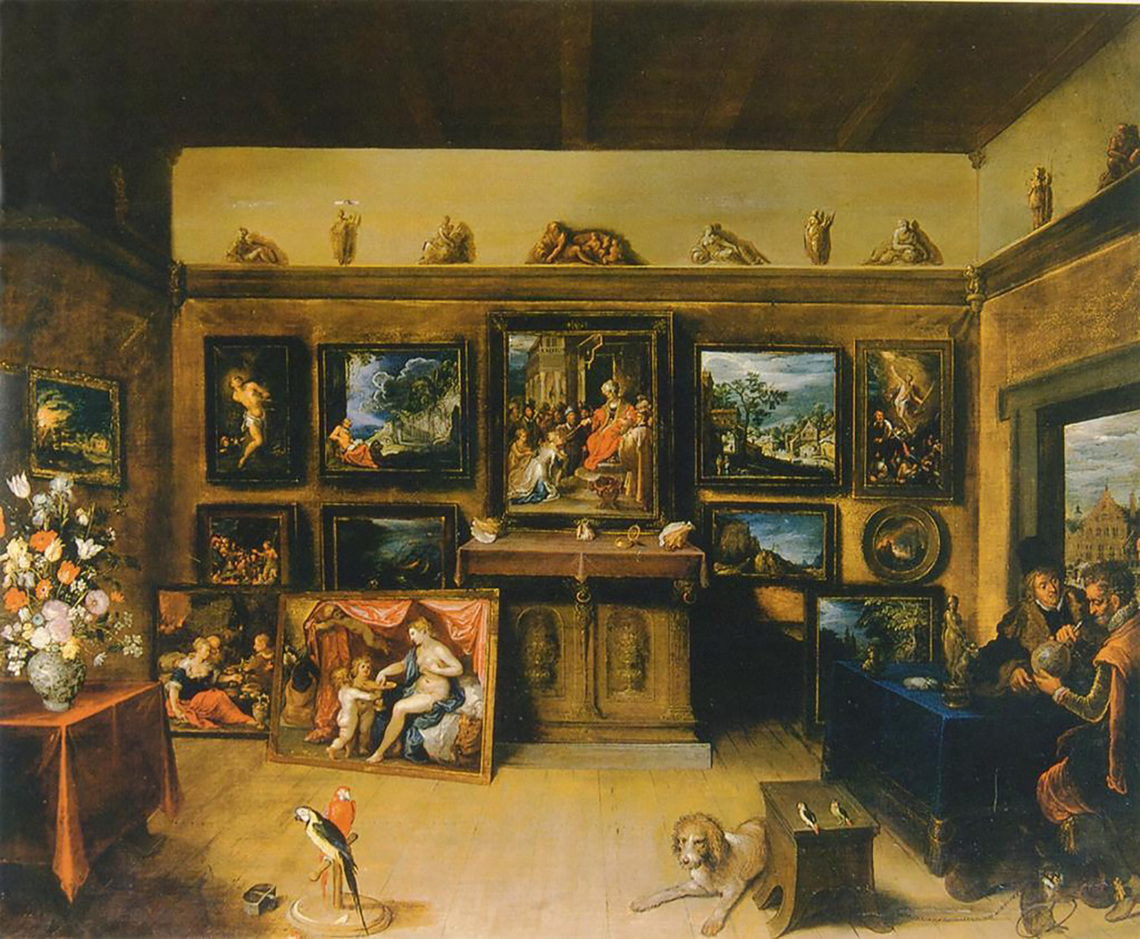 Gallery Interior with Dog and Parrot
