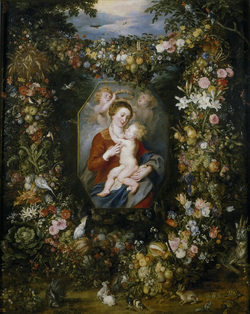 Icon of the Madonna and Child Suspended Within a Fruit and Flower Garland