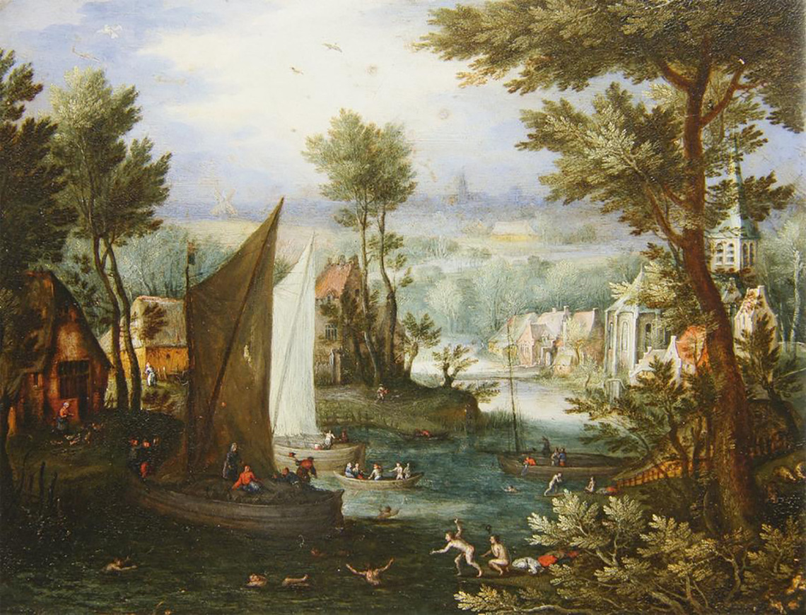 River Landscape with Bathers and Sailboats