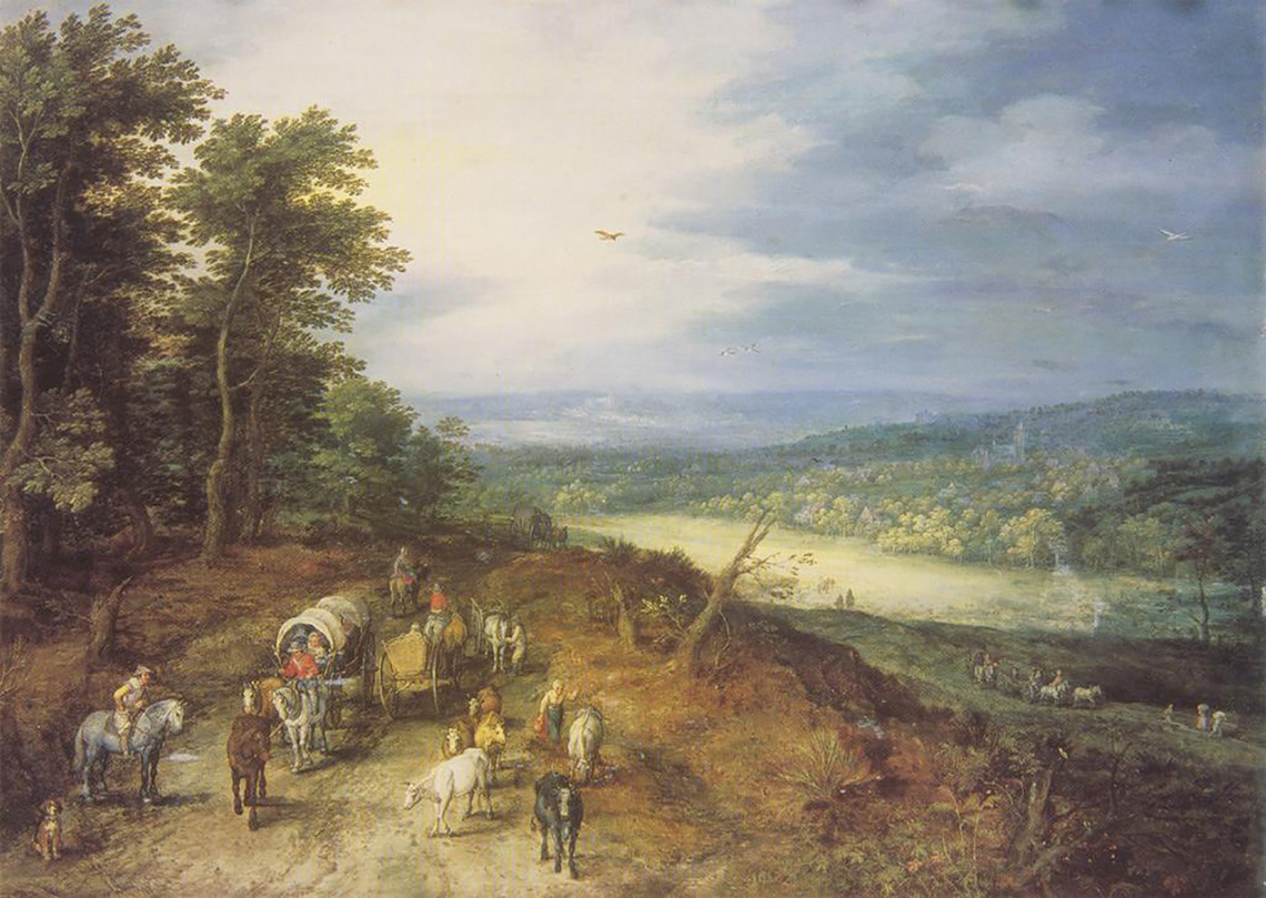 Road on a Wooded Hillside with Travelers