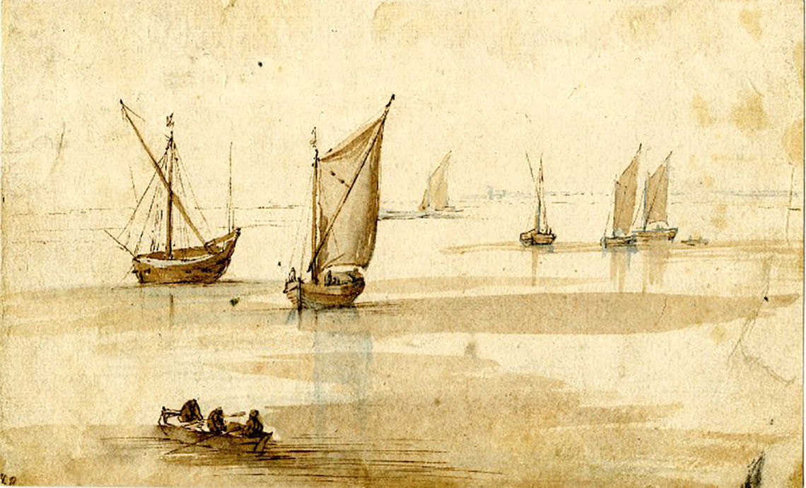 Sailing Vessels on a River and Three Men in a Rowing Boat