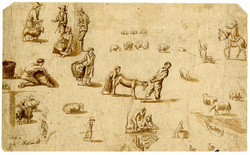 Studies of Figures and Sheep, Including a Man Shearing a Sheep at Left