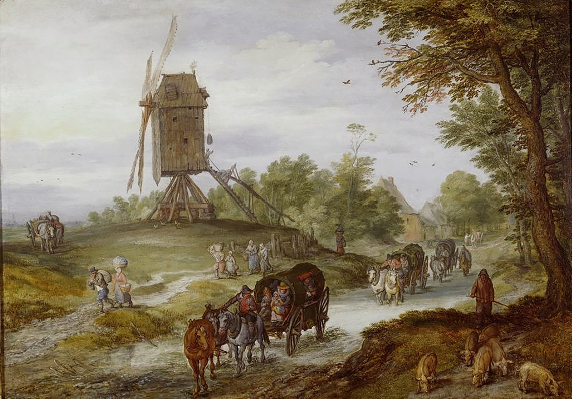 Travelers on Flooded Road Near a Windmill