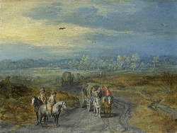 Travelers on a Country Road with a Village Beyond