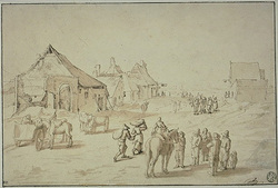 Wide Busy Road with Figures and Animals in a Village