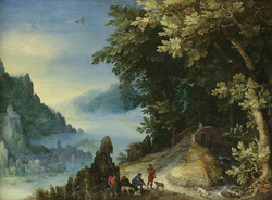 Wide River Landscape with Resting Travelers