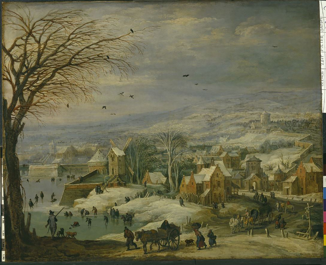 Winter Village Landscape with Ice Skaters