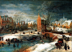 Winter Village Landscape with Ice Skating