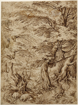 Woodland Scene with Stags and Bears