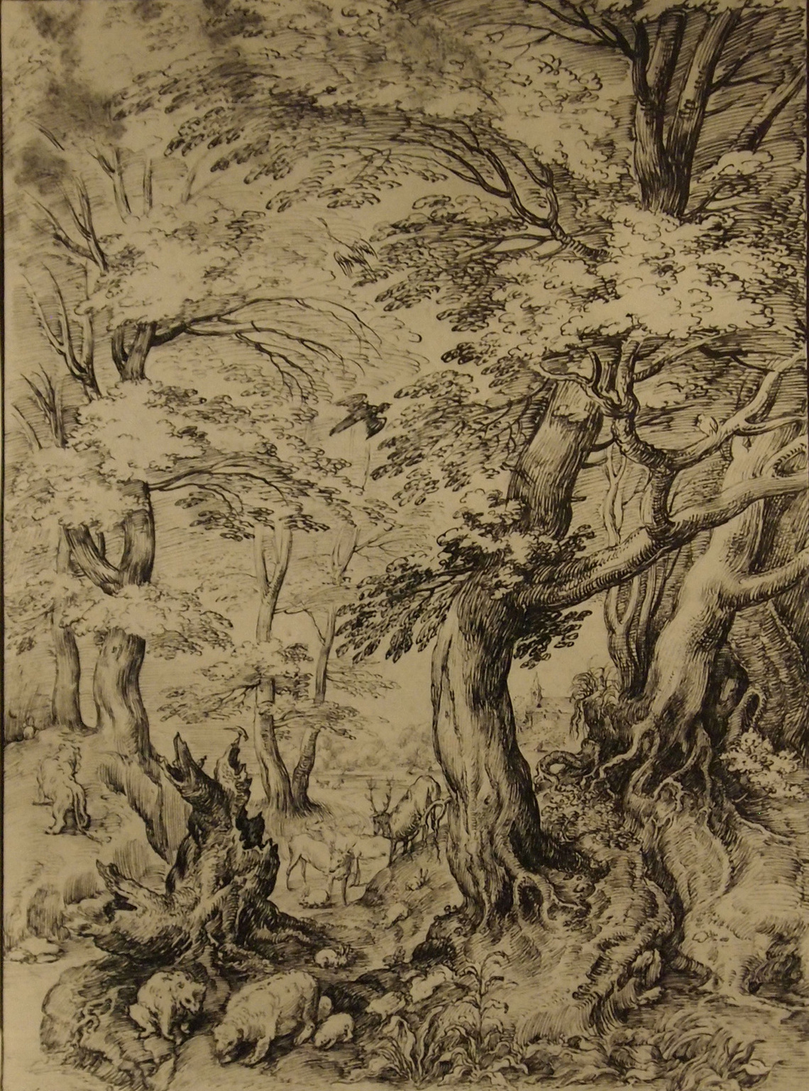 Wooded Landscape with a Family of Bears, Deer, and Other Wild Animals