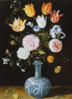 Flowers in a Blue Painted Vase