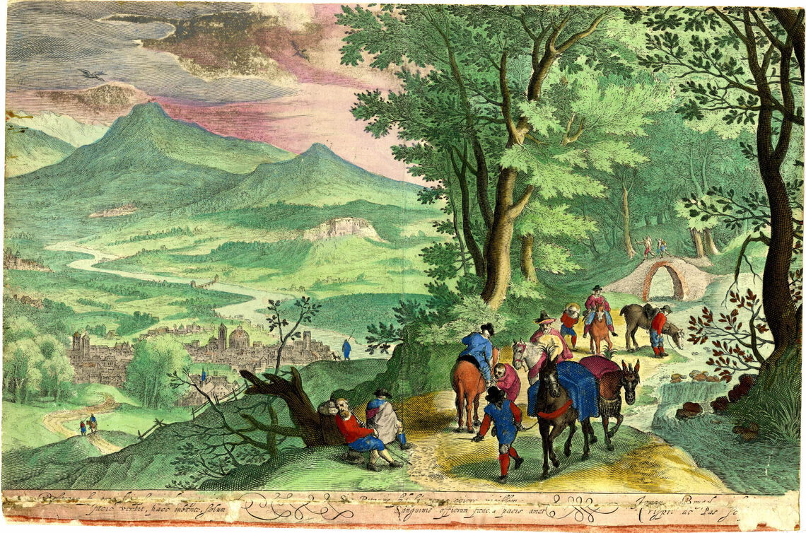 Travellers on a pathway and a river valley