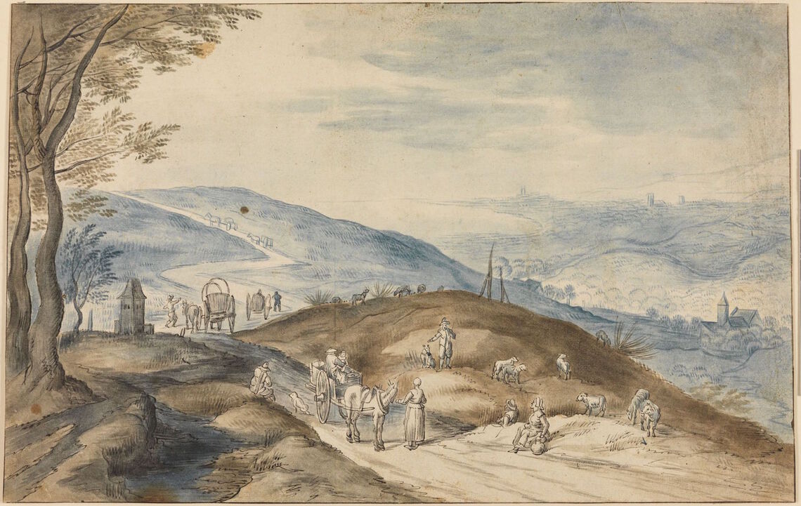 Street with Horse-Drawn Carts in a Hilly Landscape