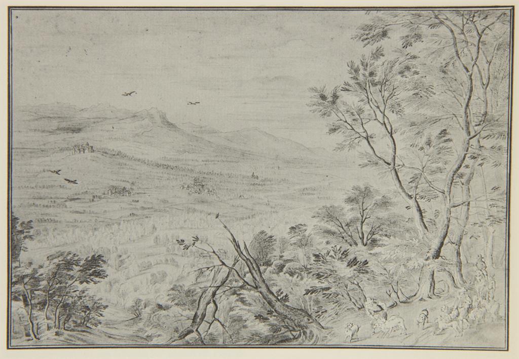 Wide Landscape with Hunters, Hounds, and River