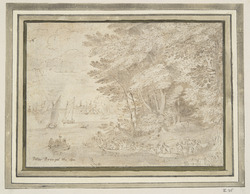 Wooded Shore with People Embarking in Boats (recto); Studies of People in Boats (verso)