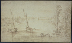 Boats on a Wide River with Trees, Houses, and Figures
