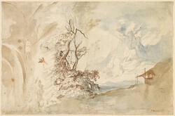 Sketch of a Mountain Landscape, Tree and Vaulted Interior with a Wall Clock