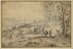 Country Road on the Edge of the Forest with Peasants and Wagons on the Way to Market
