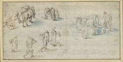 Sketches of Peasants Going to Market, Horse-Drawn Carts, and a Cutler