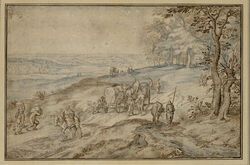 Country Road on Forest's Edge with Peasants and Wagons on the Way to the Market